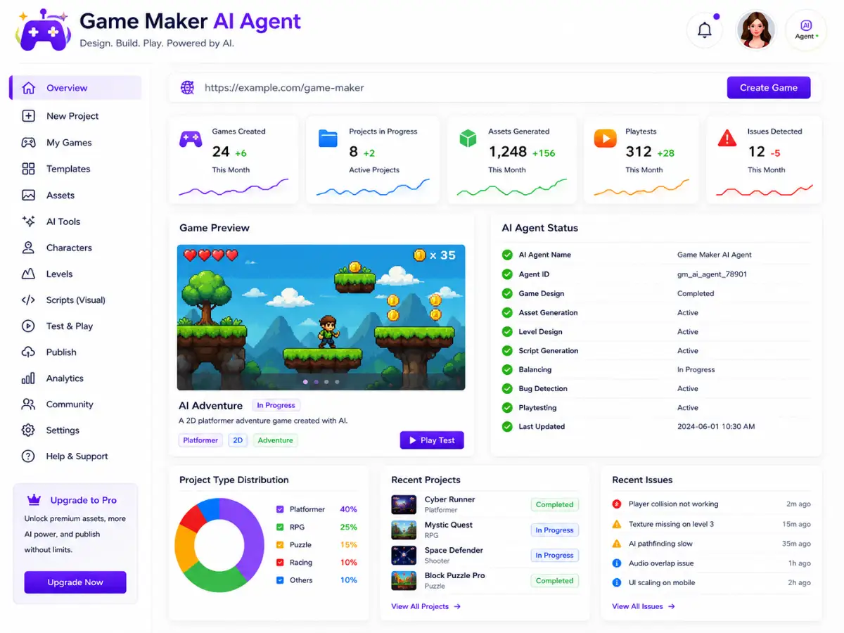 aigamemaker.app AI game maker app — dashboard preview